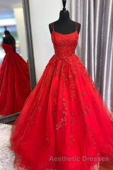 Princess Straps Long Evening Prom Dresses with Lace Appliques,Evening Prom Gowns