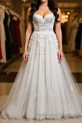 Princess Sweetheart Neck White Lace Evening Prom Wedding Dresses, Ivory Lace Formal Dresses, White Evening Dresses