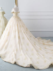 Princesse De Luxe Off The Shoulder Short Sleeve Beaded Sequins Appliques Luxury Princess Ball Gown Wedding Dresses Evening Prom Dresses Evening Dresses