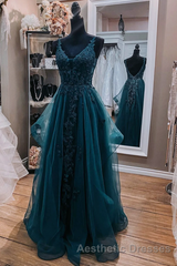 Teal Blue Tulle V-Neckline Long Party Dresses With Lace, Teal Blue Long Evening Prom Dresses