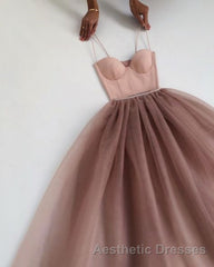 Dusty Rose A-Line Tulle Floor Length Spaghetti Straps Sweetheart Evening Prom Party Dresses Evening Prom Dresses
