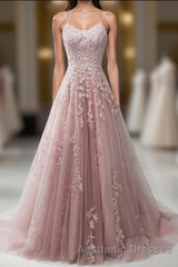 Pink Lace Applique A Line Elegant Spaghetti Straps  Evening Prom Dresses