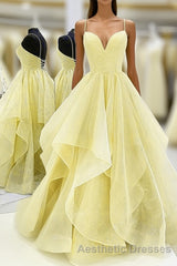 Light Yellow Tulle Straps Long Evening Prom Gown, Lace-Up Tulle Evening Prom Dresses