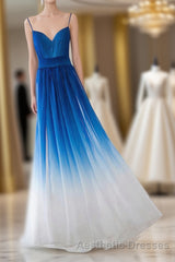 Spaghetti Strap Royal Blue Ombre Long Chiffon Royal Blue Ombre A Line Sweetheart Evening Prom Dresses