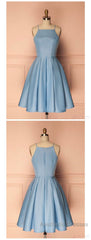 Sky Blue A Line Satin Blue Spaghetti Straps Short Evening Prom Dresses