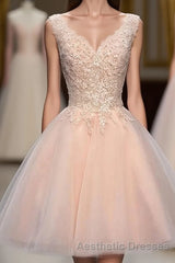 Princess V Neck Tulle Short Mini Appliques Lace Sweet Evening Prom Dresses