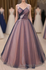 Charming A Line V Neck Navy Blue Princess Tulle Evening Prom Dresses