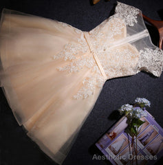 Champagne Cheap Lace Short s Cap Sleeve Prom Dresses