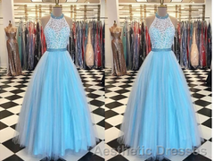 Prety Halter Long Lace Tulle Beding Light Blue For Teens Elegant Evening Prom Dresses