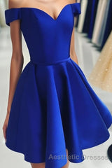 A Line Off The Shoulder V Neck Cheap Royal Blue Short Knee Length Taffeta Dc07 Evening Prom Dresses