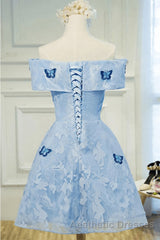 Sky Blue Off Shoulder Lace Short Lace With Butterfly Appliques A Line Off The Shoulder Dc51 Evening Prom Dresses