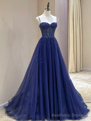 Spaghetti Straps Blue Tulle Beaded Long Formal Dress
