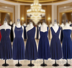 Short Navy Blue Chiffon Mismatch Maid Of Honor Girls Group In Knee Length Simple Cheap Evening Prom Dresses