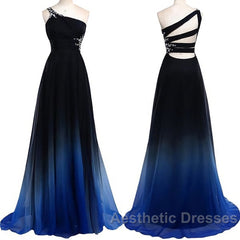 One Shoulder Navy Blue Royal Blue Ombre Gradient Color Chiffon Long Ombre For Sweet 16 Evening Prom Dresses