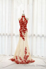 Charming Red Lace And Champagne Tulle Halter Elegant Sparkly Prom Dresses