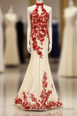 Charming Red Lace And Champagne Tulle Halter Elegant Sparkly Evening Prom Dresses