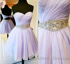 Charming Empire Waist Lavender Sweetheart Backless Short Fashion Beaded Belt Short For Sweet 16 Mini Length Skirt Evening Prom Dresses