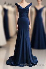 red mermaid off shoulder navy blue Evening Prom Dresses mermaid satin backless charming formal Evening Prom gowns 2024 party Dresses