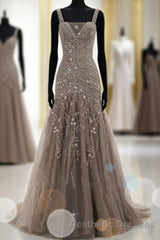 Mermaid Lace Up Brown Tulle Modest Beading V Neck Evening Prom Dresses