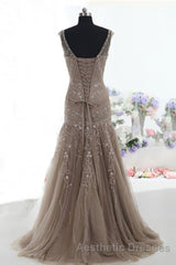 Mermaid Lace Up Brown Tulle Modest Beading V Neck Evening Prom Dresses