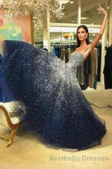 A Line Navy Blue Beading Tulle Evening Prom Dresses