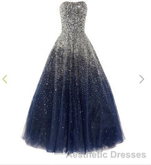 A Line Navy Blue Beading Tulle Evening Prom Dresses