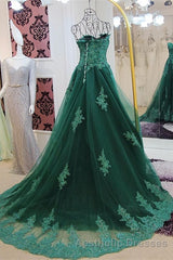 Sweetheart Long Lace Green Sweep Train Lace Up Evening Prom Dresses
