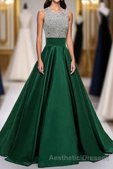 Satin Green Modest Beading Long For Teens Evening Prom Dresses
