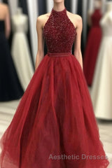 Charming Beading Long Red Halter Evening Prom Dresses