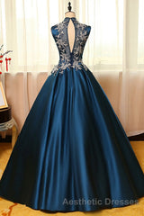 Blue Dreses Satins Lace Applique A Line Long Evening Prom Dresses