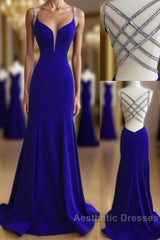 Sexy Mermaid Spaghetti Straps Royal Blue Long With Beading Sexy Evening Prom Dresses