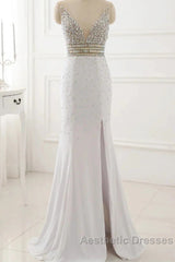 Evening Prom Dresses Evening Party Gowns Long Sexy High Slit Chiffon Crystal