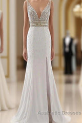 Evening Prom Dresses Evening Party Gowns Long Sexy High Slit Chiffon Crystal