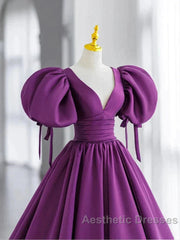 Puffy Sleeve Backless Satin Purple Backless Evening Prom Dresses