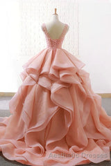Puffy Tulle Long Evening Prom Dresses with Beading, A Line Sleeveless Party Gown