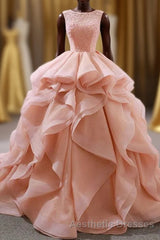 Puffy Tulle Long Evening Prom Dresses with Beading, A Line Sleeveless Party Gown