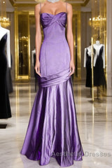 Purple A-Line Mermaid Straps Evening Dresses, Purple Satin Evening Prom Dresses Formal Dresses