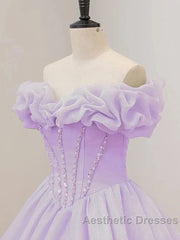Purple A-Line Off Shoulder Long Ball Dresses Purple Dresses Evening Prom Dresses