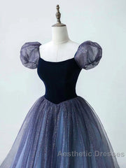 Purple A-Line Tulle Long Evening Prom Dresses, Purple Formal Dresses
