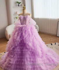 Purple Ball Gown Tulle Off The Shoulder Tiers Evening Prom Dresses