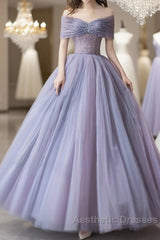 Purple Beaded Tulle Ball Gown Formal Dresses, Off Shoulder Sweet 16 Formal Dresses