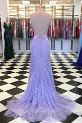 Purple/Blue Mermaid Backless Lace Evening Prom Dresses, Purple/Blue Mermaid Backless Lace Formal Graduation Evening Dreses