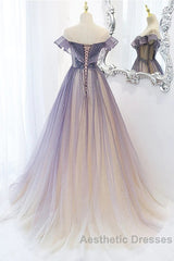 Purple Gradient A-Line Beaded Tulle Long Evening Prom Dresses, Floor Length Purple Evening Dresses