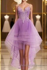 Purple High Low Lace Evening Prom Dresses, Light Purple High Low Lace Formal Homecoming Dresses