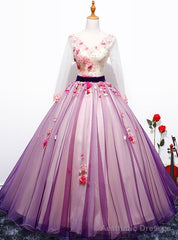 Purple Long V-neck Purple Tulle Appliques Quinceanera Dresses