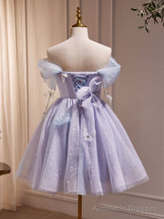 Purple Off Shoulder  Tulle Short Prom Dress, Purple Homecoming Dress