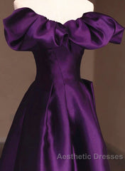 Purple Satin A-Line Off Shoulder Long Evening Dresses, Purple Satin Evening Prom Dresses