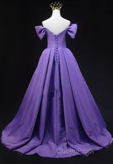 Purple Satin A-Line Off Shoulder Long Party Dresses, Purple Evening Dresses Evening Prom Dresses