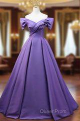 Purple Satin A-Line Off Shoulder Long Party Dresses, Purple Evening Dresses Evening Prom Dresses