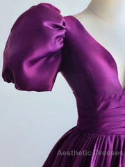 Purple Satin A-Line Short Sleeves Long Formal Dresses, Purple Evening Dresses Evening Prom Dresses
